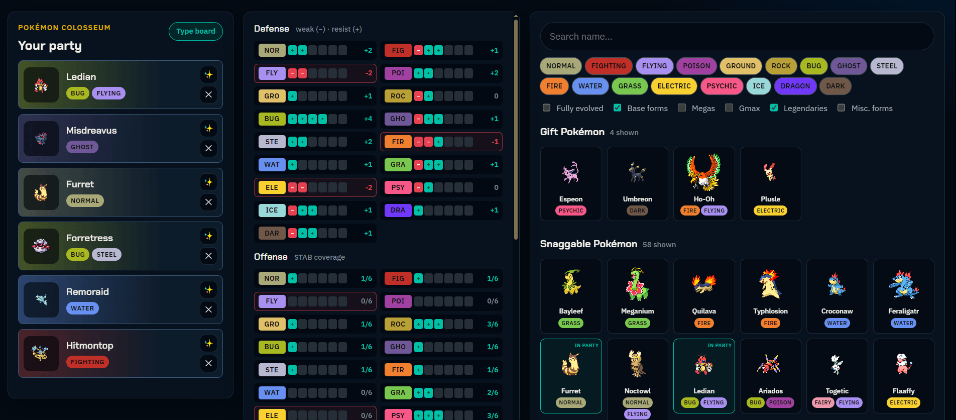 Pokemon team builder showing a six-Pokemon party, type analysis, and game-specific Pokedex